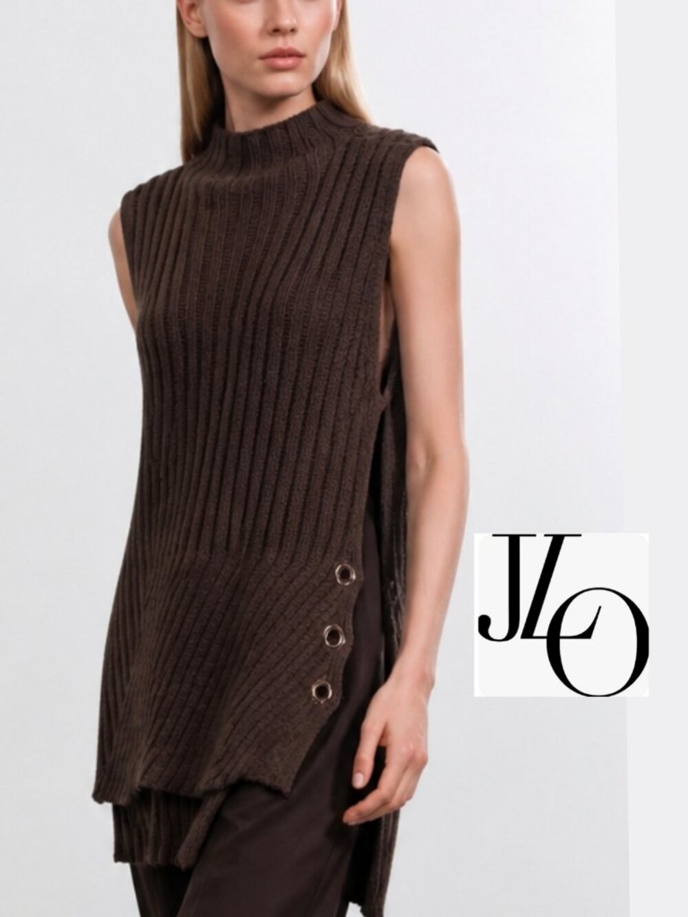 Jennifer Lopez Sleeveless Ribbed Knit Tunic Sweater Brown Olive Green